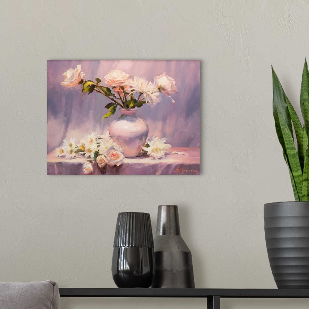A modern room featuring Traditional impressionist still life painting of a country vase of flowers with a shabby chic air.