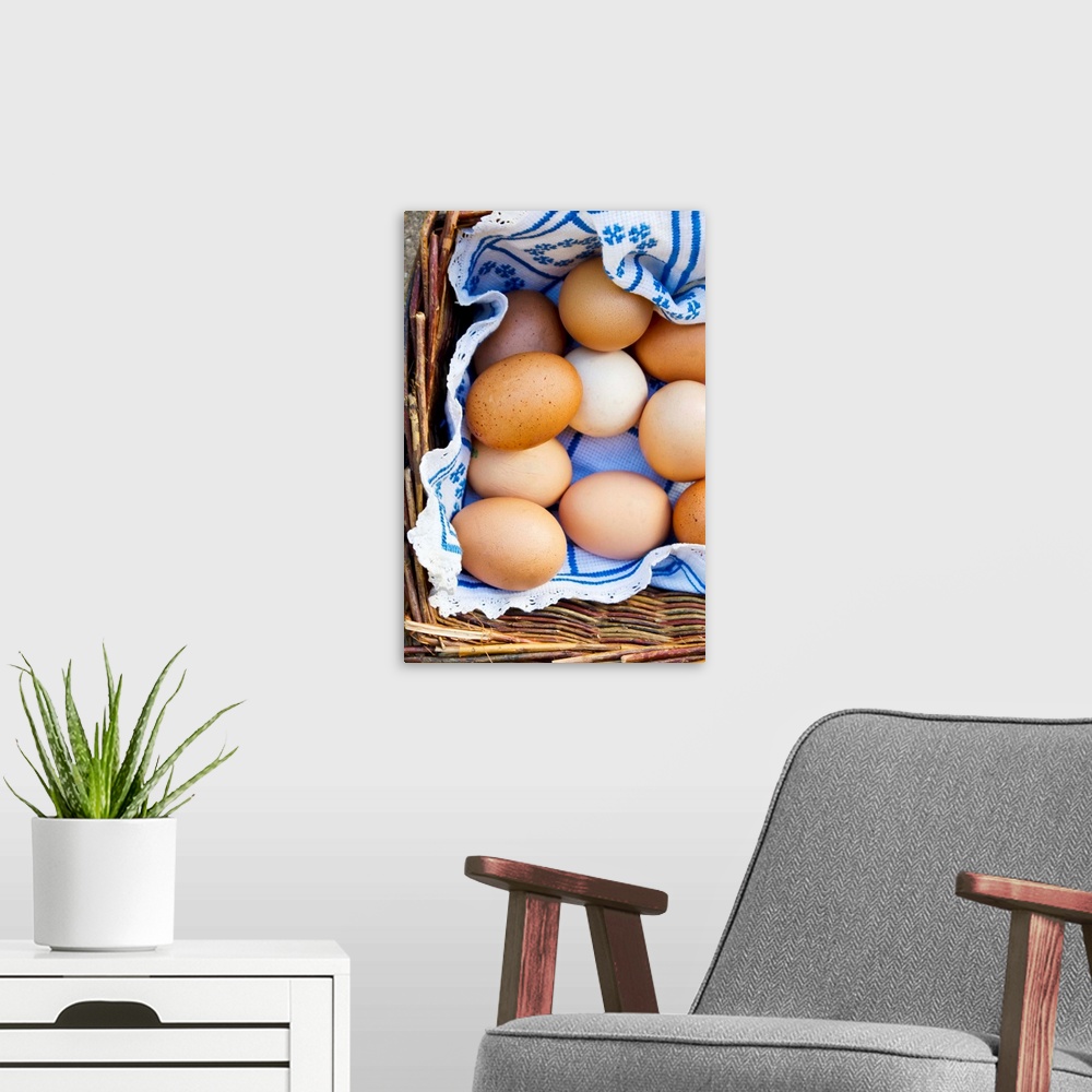 A modern room featuring Brown hen's eggs in a basket