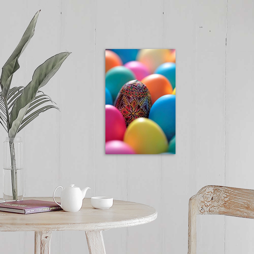 A farmhouse room featuring Coloured Easter eggs and one painted egg