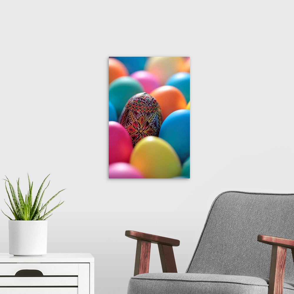 A modern room featuring Coloured Easter eggs and one painted egg