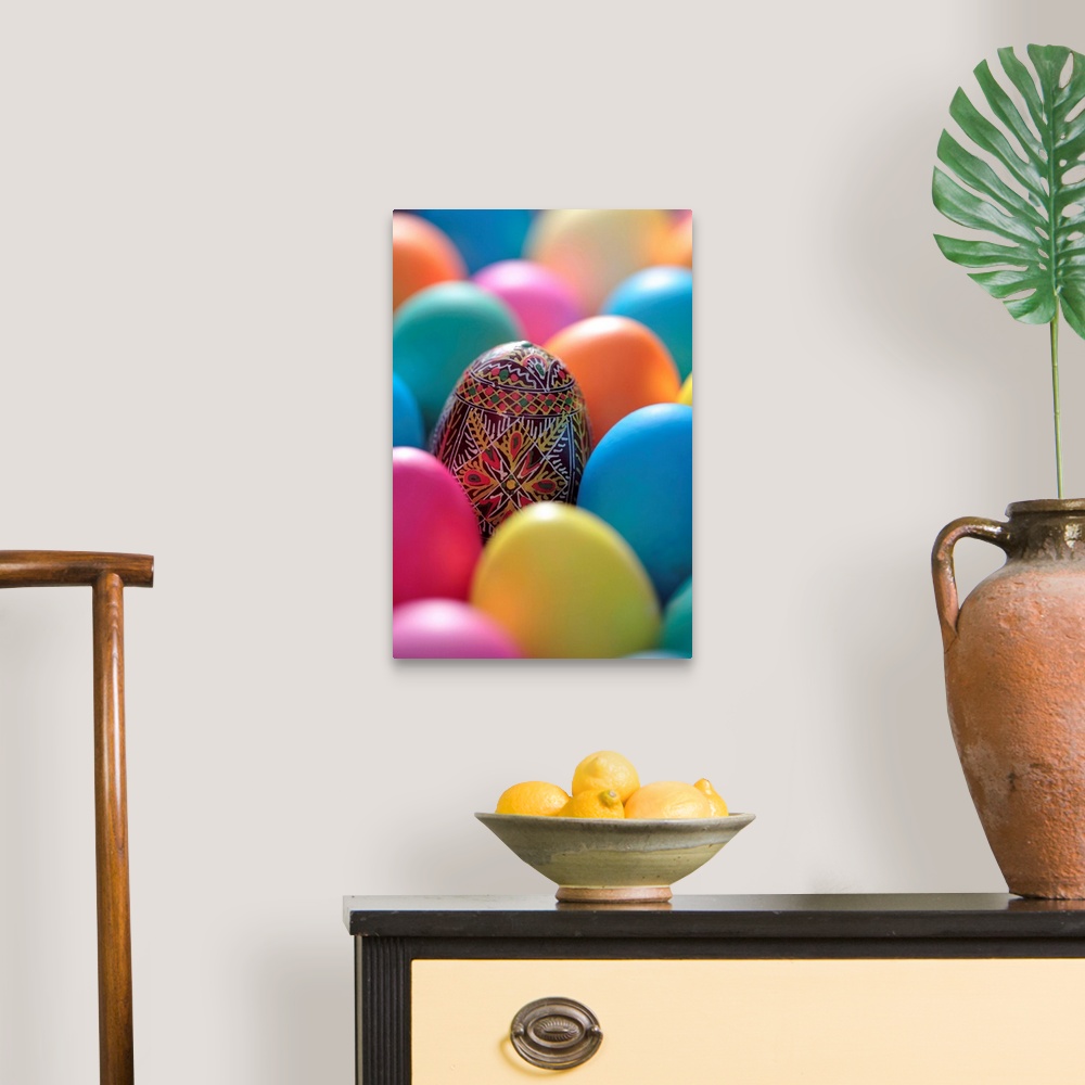 A traditional room featuring Coloured Easter eggs and one painted egg
