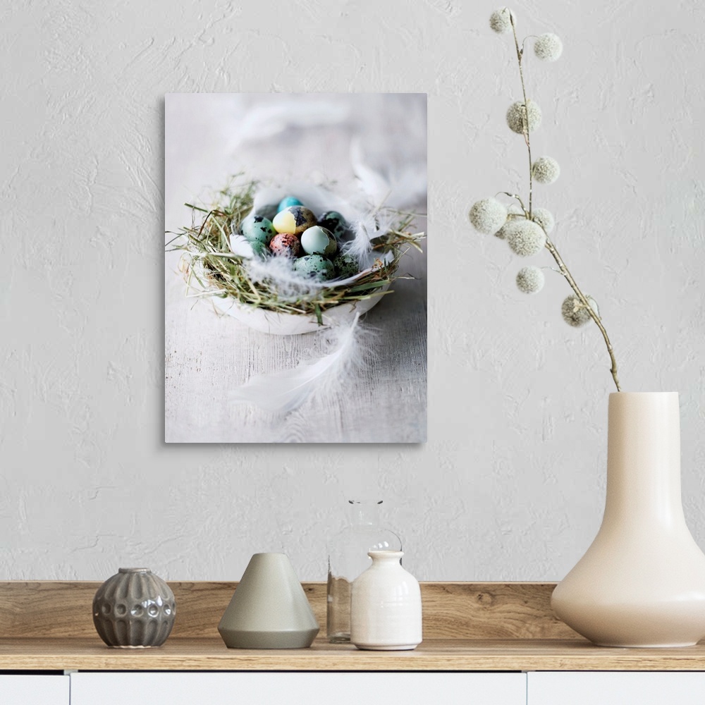A farmhouse room featuring Coloured quails' eggs in Easter nest