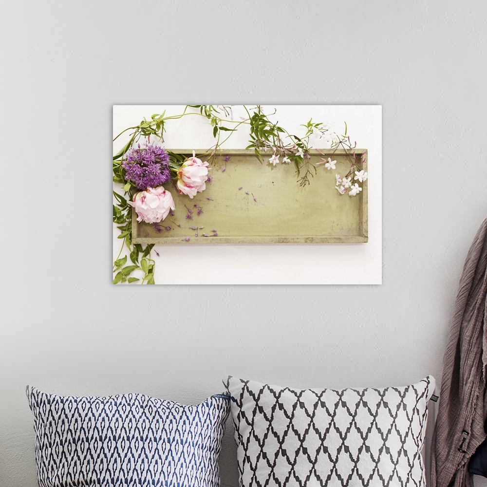 A bohemian room featuring Still-life with peonies and allium