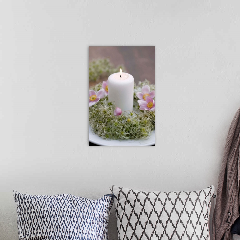 A bohemian room featuring Wreath of clematis seed heads with candle and Japanese anemones