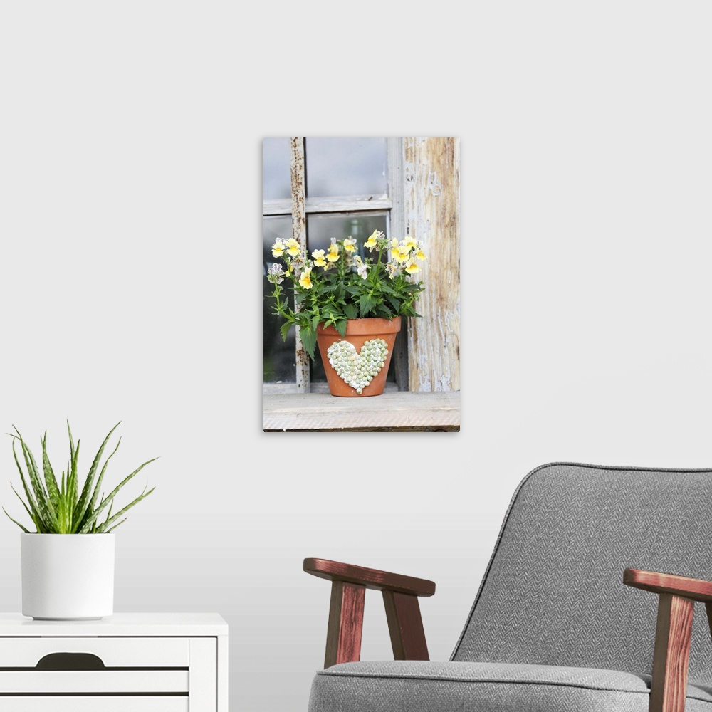 A modern room featuring Yellow horned violets in terracotta pot decorated with heart motif made from peas