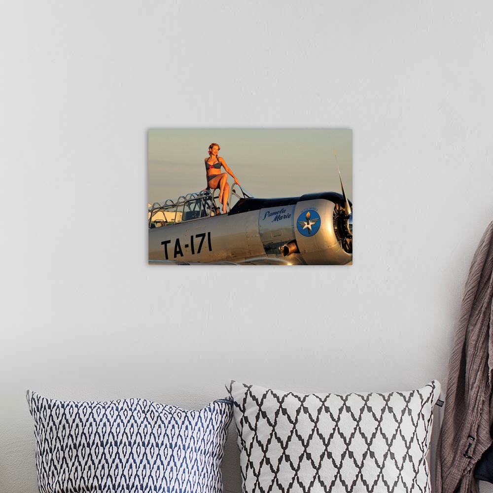 A bohemian room featuring 1940's style pin-up girl sitting on the cockpit of a World War II T-6 Texan.