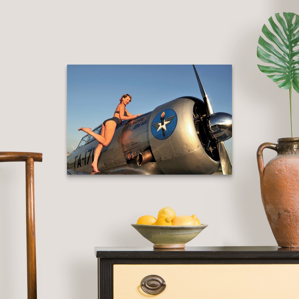 A traditional room featuring 1940's style pin-up girl standing on the wing of a World War II T-6 Texan.