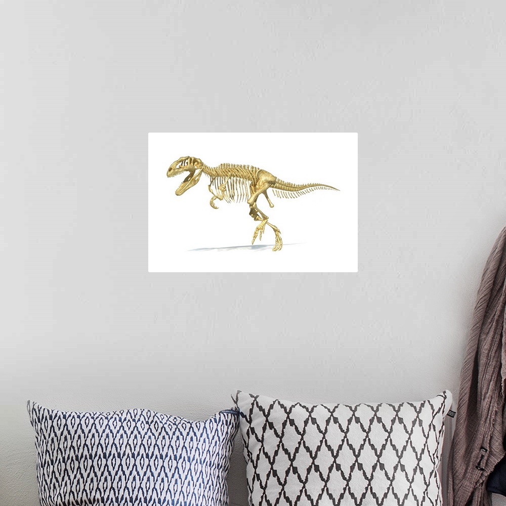 A bohemian room featuring 3D rendering of a Giganotosaurus dinosaur skeleton.