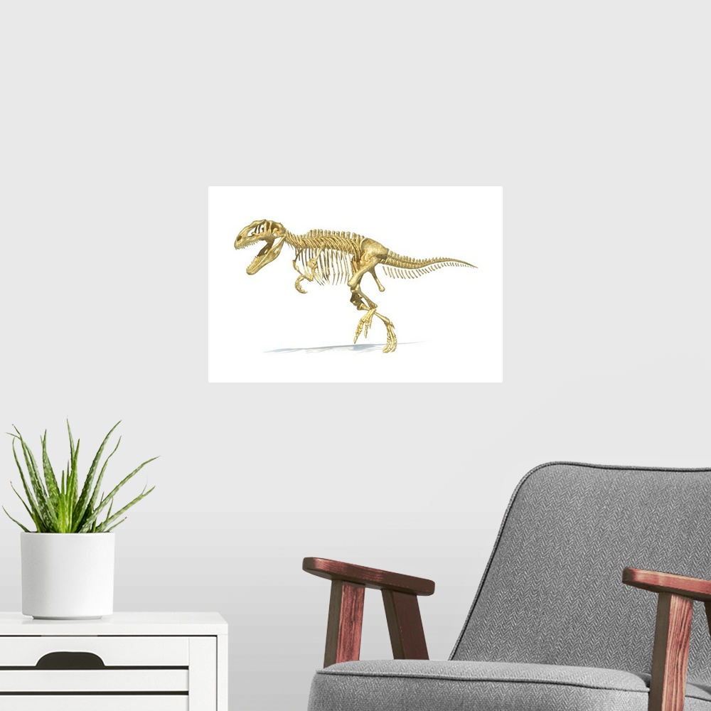 A modern room featuring 3D rendering of a Giganotosaurus dinosaur skeleton.