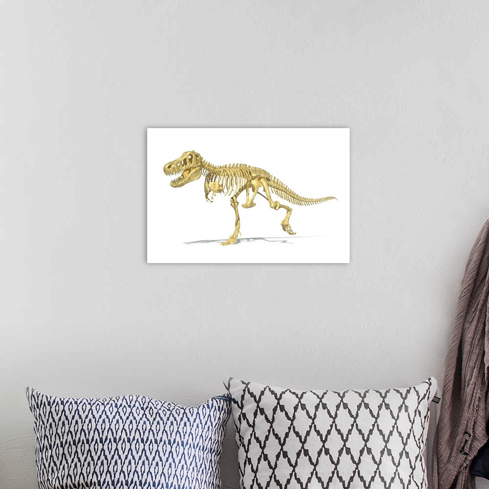A bohemian room featuring 3D rendering of a Tyrannosaurus Rex dinosaur skeleton.