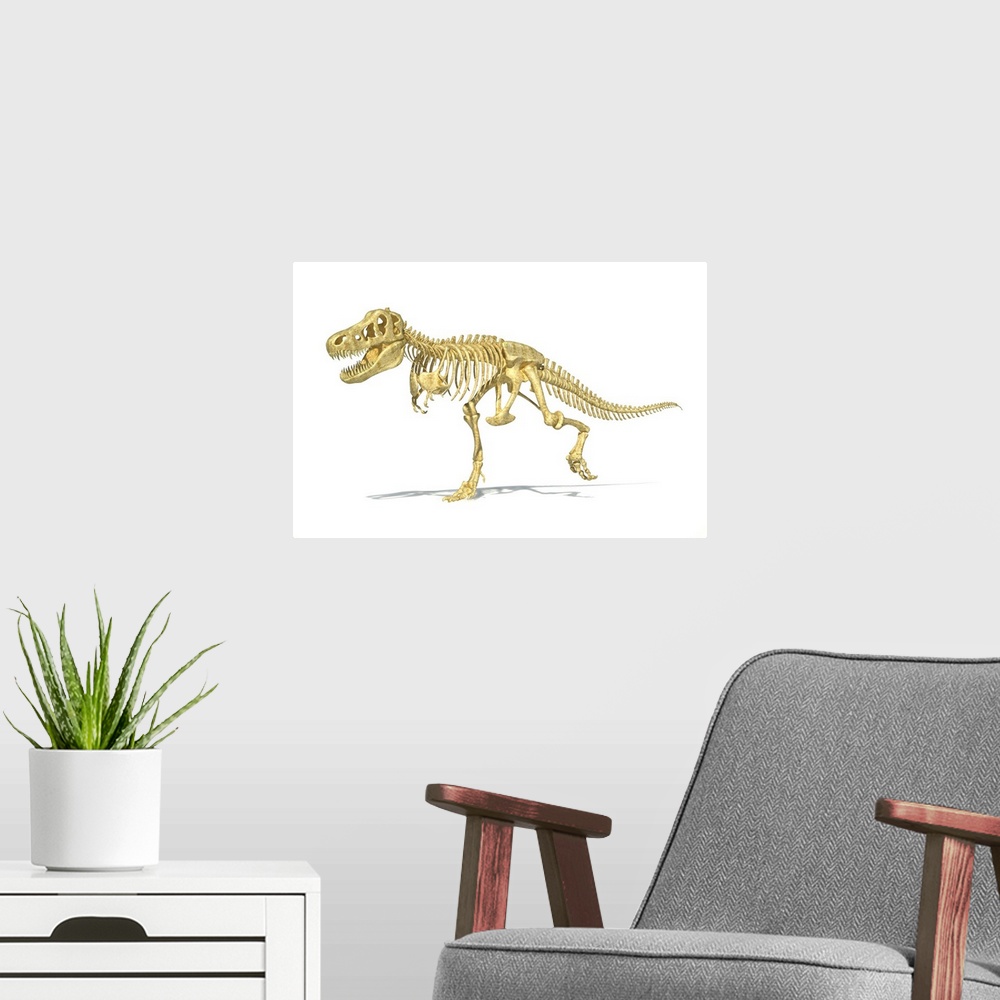 A modern room featuring 3D rendering of a Tyrannosaurus Rex dinosaur skeleton.