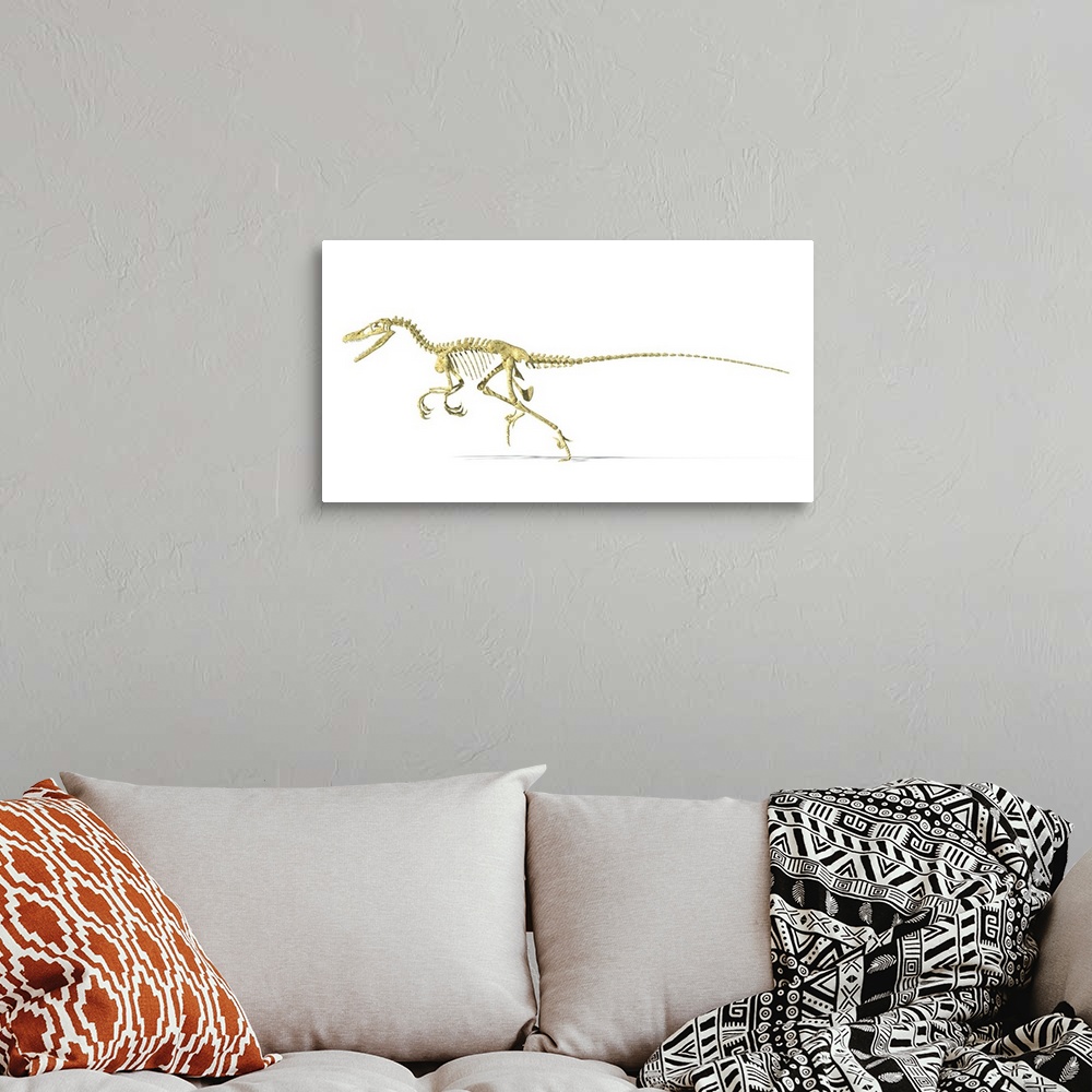 A bohemian room featuring 3D rendering of a Velociraptor dinosaur skeleton, side view.