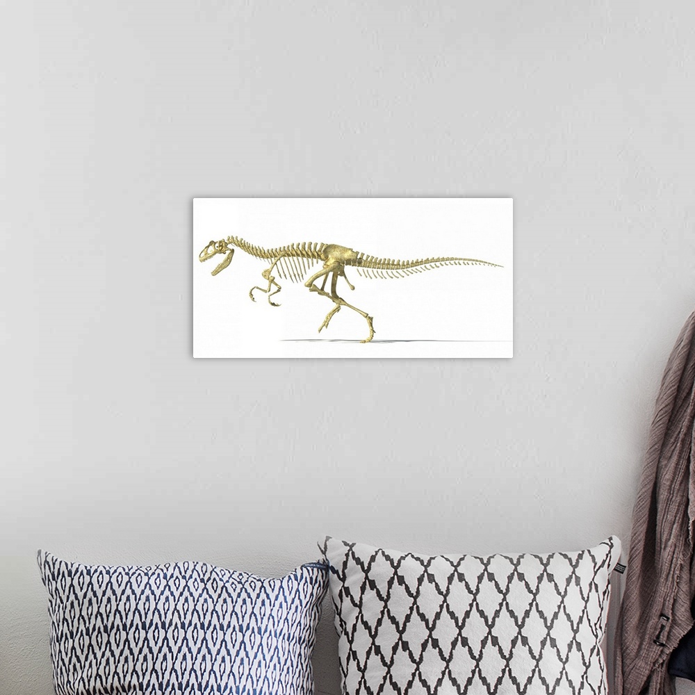 A bohemian room featuring 3D rendering of an Allosaurus dinosaur skeleton.