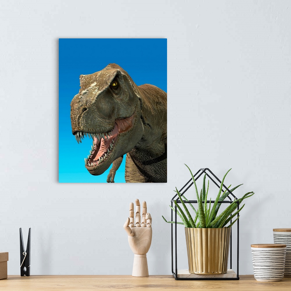 A bohemian room featuring 3D rendering of Tyrannosaurus Rex, close-up.