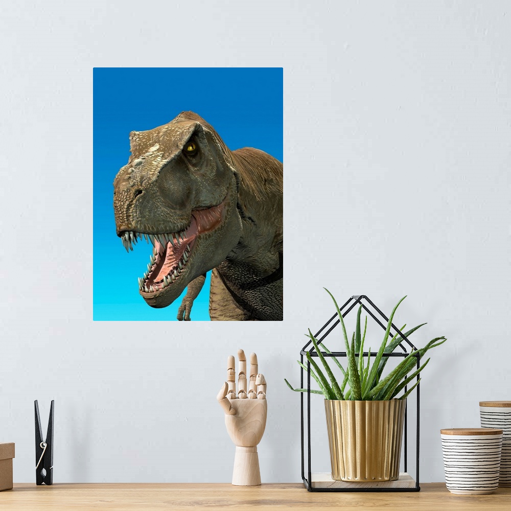 A bohemian room featuring 3D rendering of Tyrannosaurus Rex, close-up.