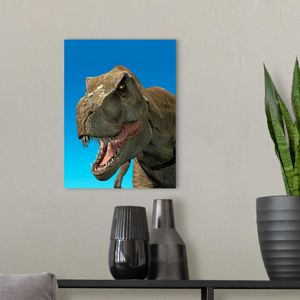 A modern room featuring 3D rendering of Tyrannosaurus Rex, close-up.