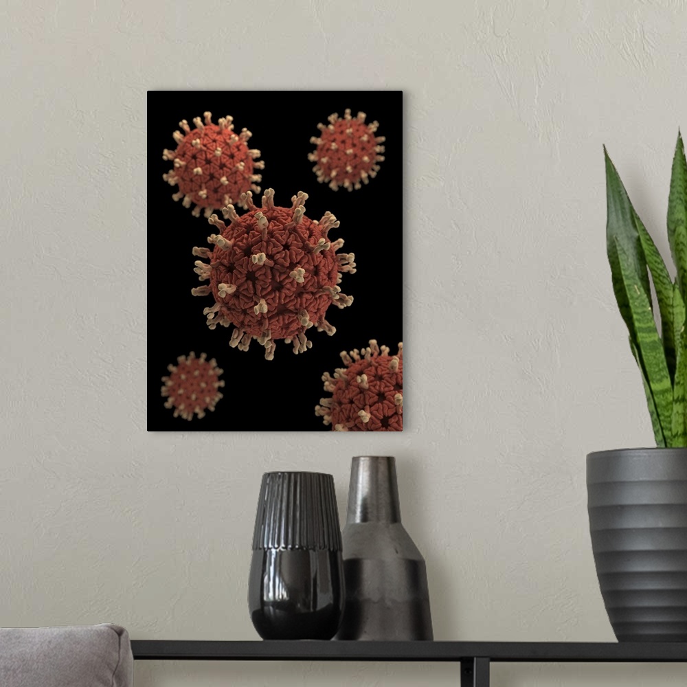 A modern room featuring A 3D representation Rotavirus virions set against a black background.