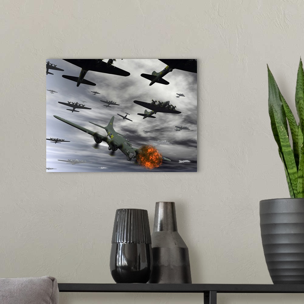 A modern room featuring An American B-17 Flying Fortress is set ablaze by a German Interceptor Fighter Plane. Hopefully i...
