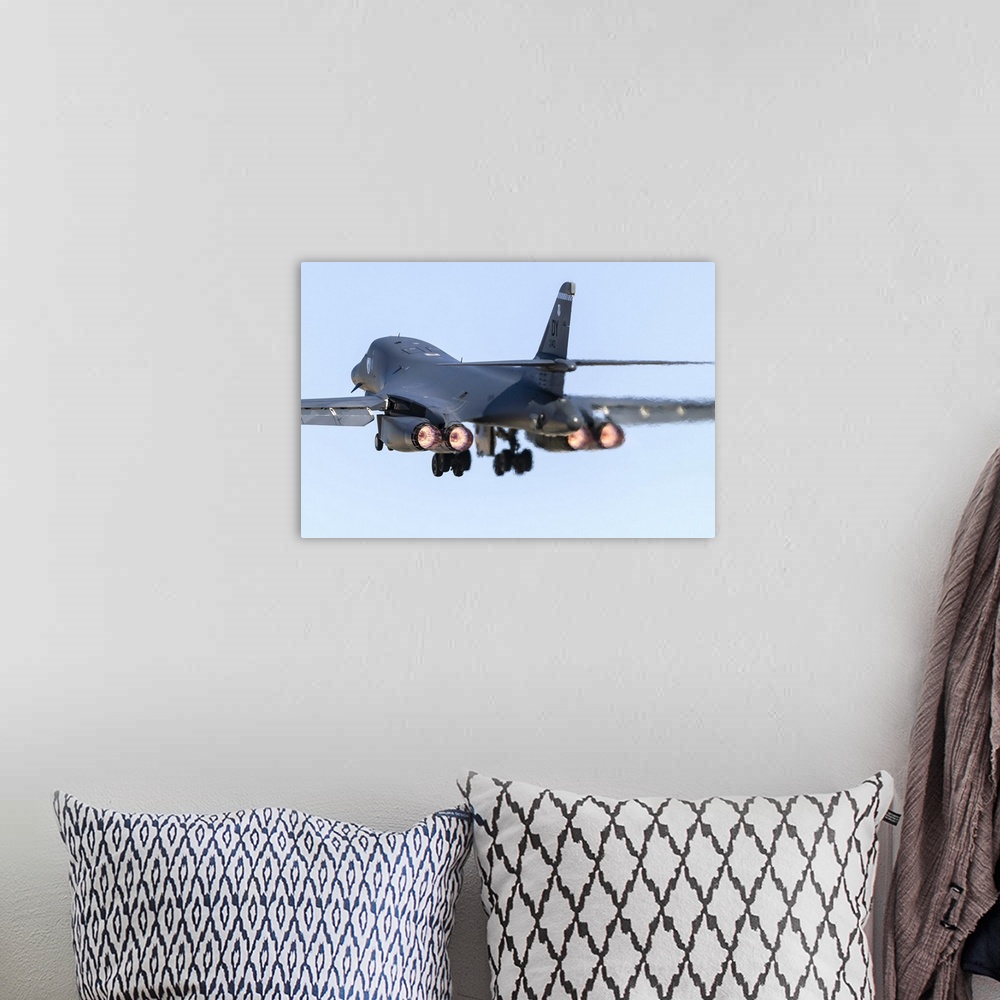 A bohemian room featuring A B-1B Lancer of the U.S. Air Force taking off from Nellis Air Force Base, Nevada.