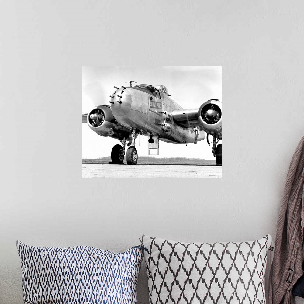 A bohemian room featuring A B-25 Mitchell bomber, nicknamed the Sunday Punch, parked at the McGhee Tyson Airport, Tennessee.