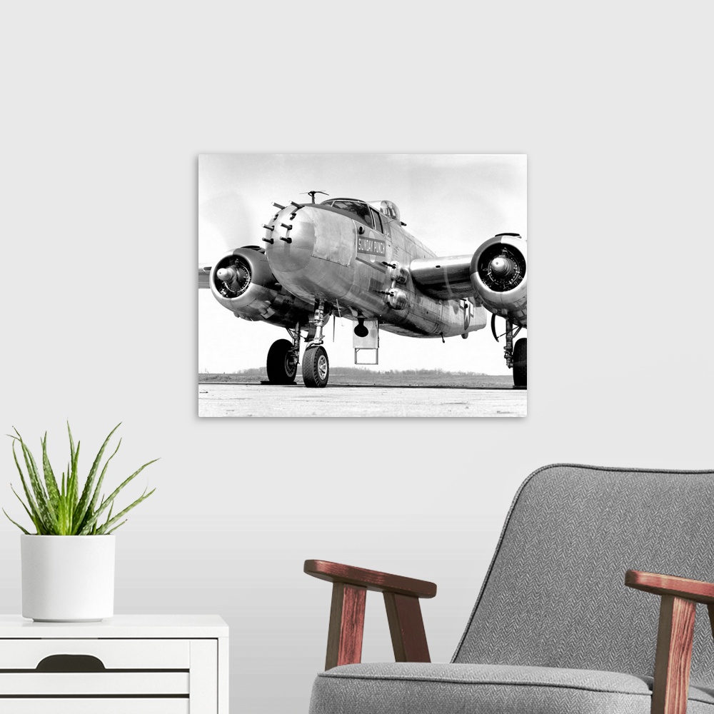 A modern room featuring A B-25 Mitchell bomber, nicknamed the Sunday Punch, parked at the McGhee Tyson Airport, Tennessee.