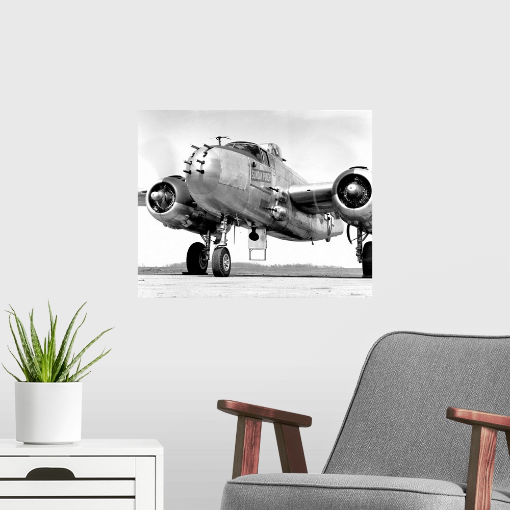 A modern room featuring A B-25 Mitchell bomber, nicknamed the Sunday Punch, parked at the McGhee Tyson Airport, Tennessee.