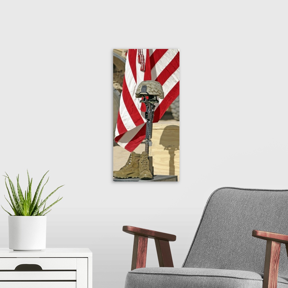 A modern room featuring Big, vertical photograph of a battlefield memorial cross rifle display consisting of a rifle, com...