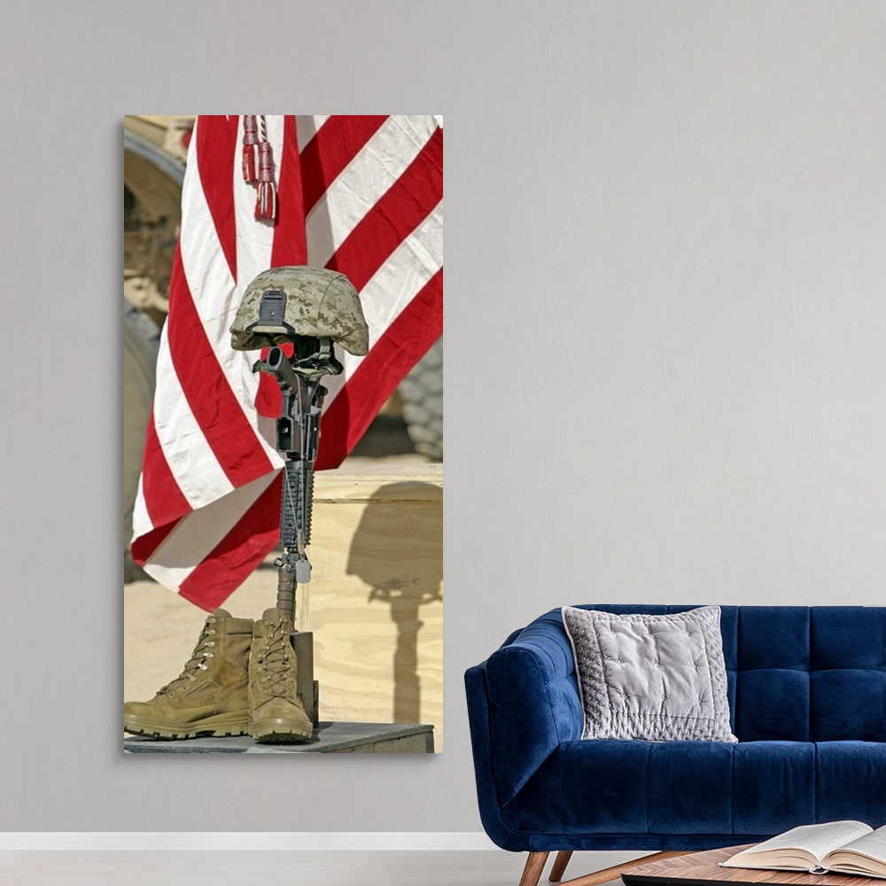 A modern room featuring Big, vertical photograph of a battlefield memorial cross rifle display consisting of a rifle, com...