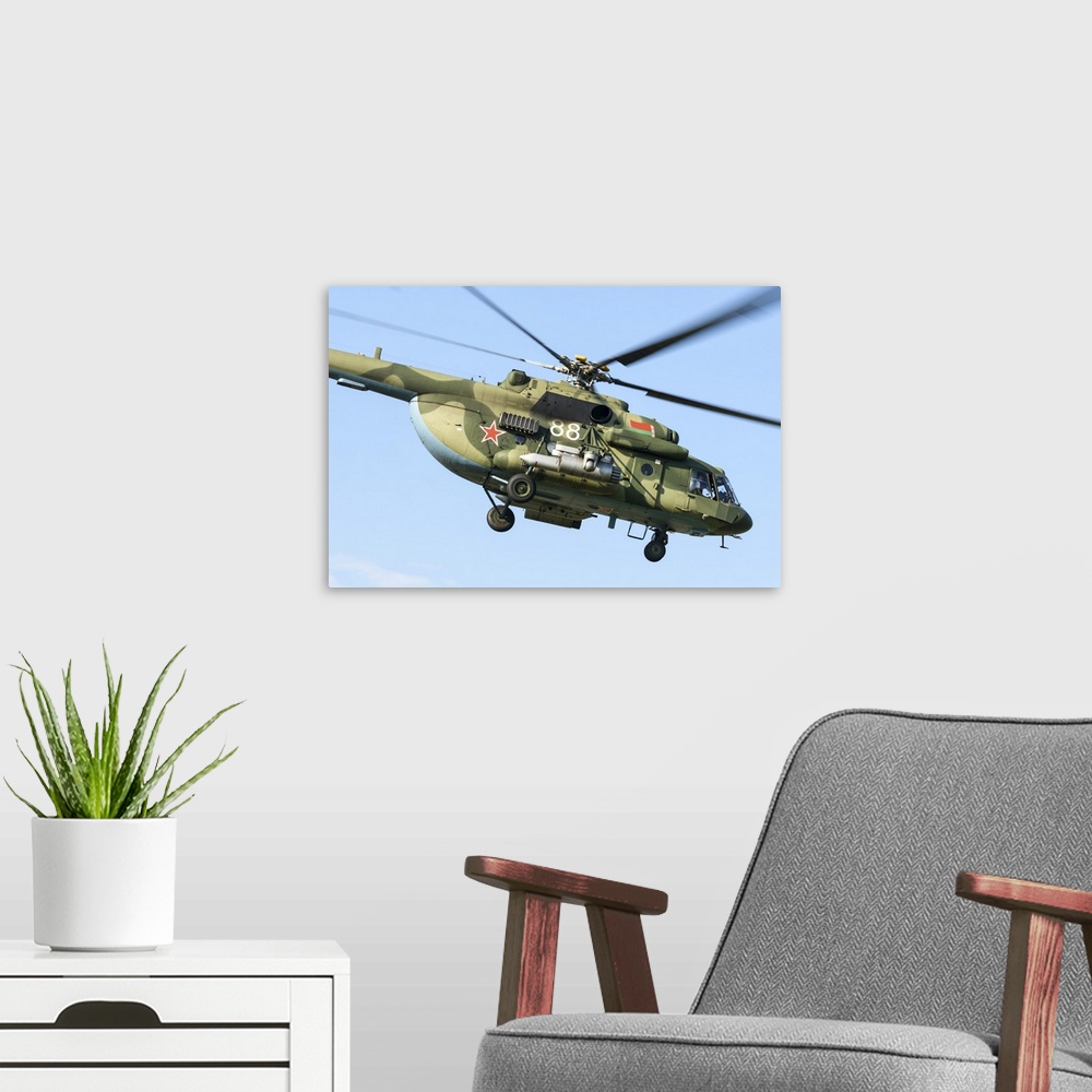 A modern room featuring A Belarusian Armed Forces Mi-8MTV-5 transport helicopter.