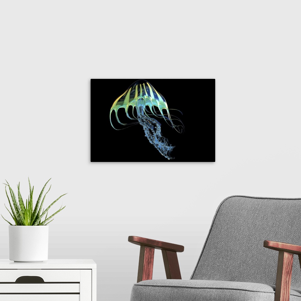 A modern room featuring A bioluminescent Jellyfish is a predator catching small fish and organisms with their poisonous t...