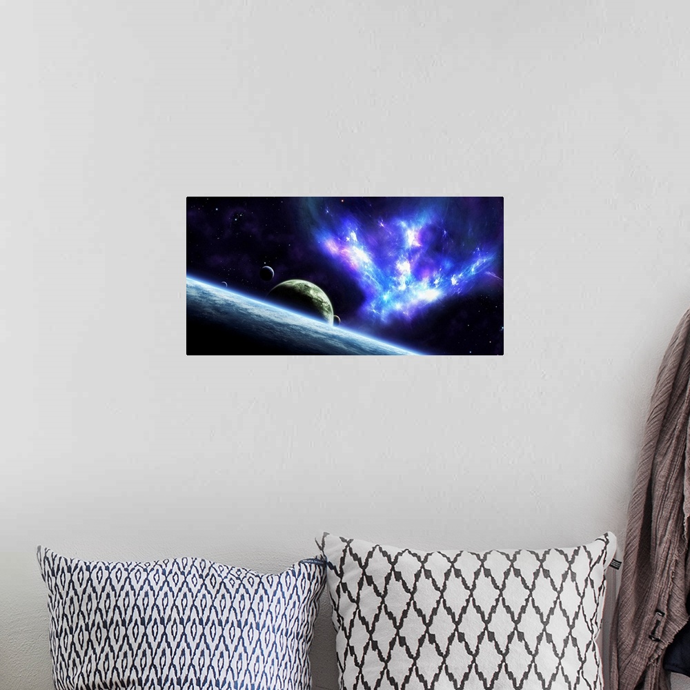 A bohemian room featuring Panoramic photograph of interstellar cloud of dust, hydrogen, and helium overlooking cosmos.
