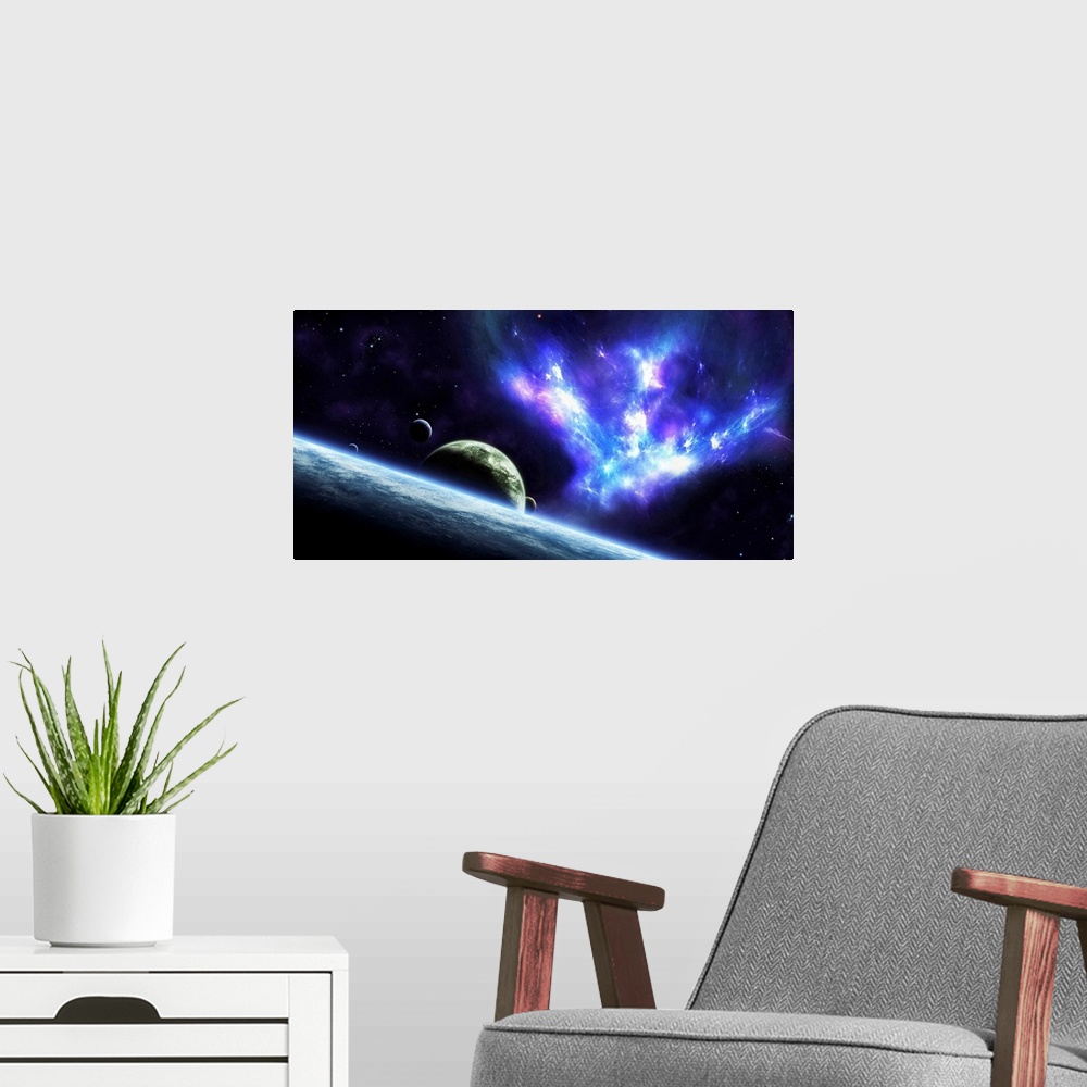 A modern room featuring Panoramic photograph of interstellar cloud of dust, hydrogen, and helium overlooking cosmos.