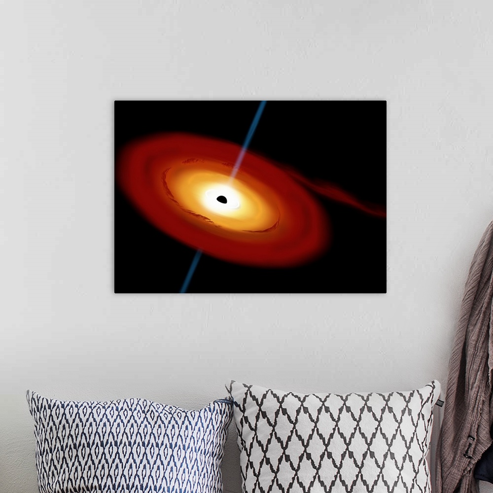 A bohemian room featuring Artist's depiction of a black hole and its accretion disk in interstellar space.