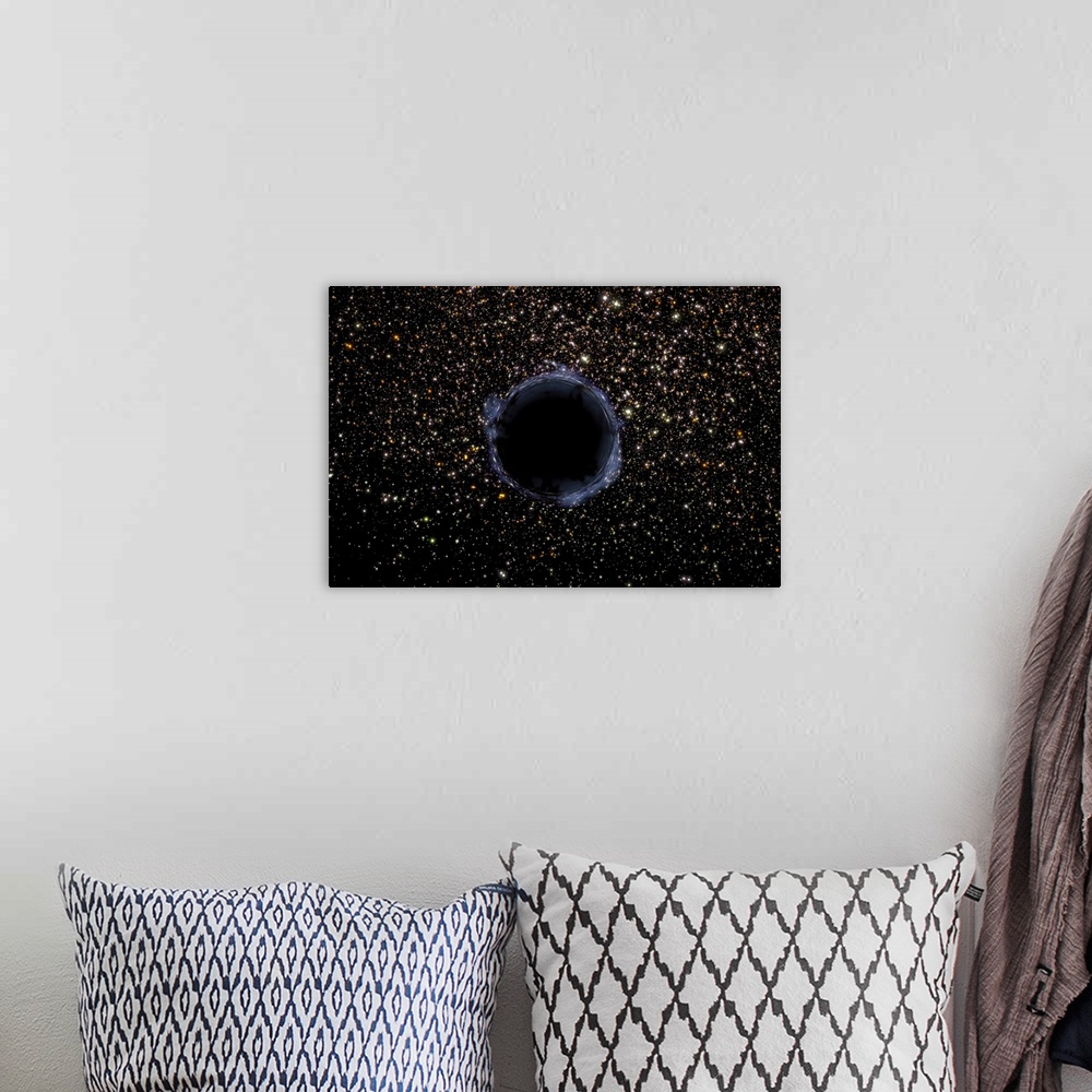 A bohemian room featuring Landscape, large wall picture of a black hole surrounded by a globular cluster of many stars.