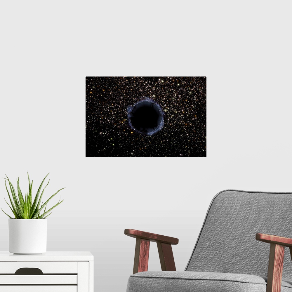 A modern room featuring Landscape, large wall picture of a black hole surrounded by a globular cluster of many stars.
