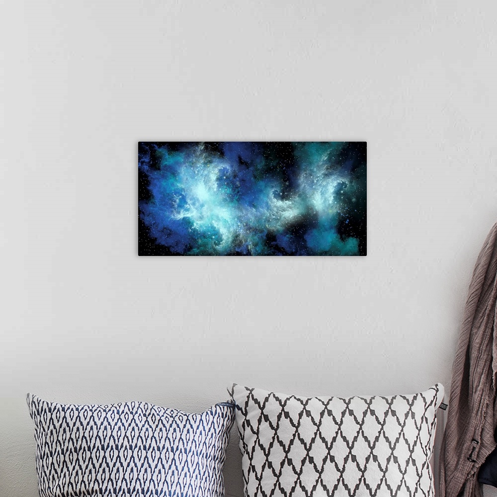 A bohemian room featuring A blue nebula forms dense clusters of interstellar clouds.