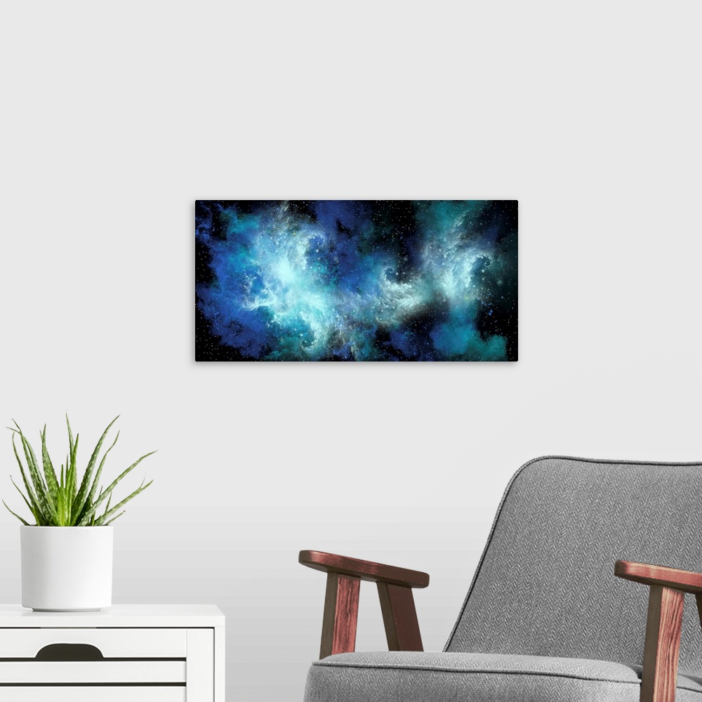 A modern room featuring A blue nebula forms dense clusters of interstellar clouds.