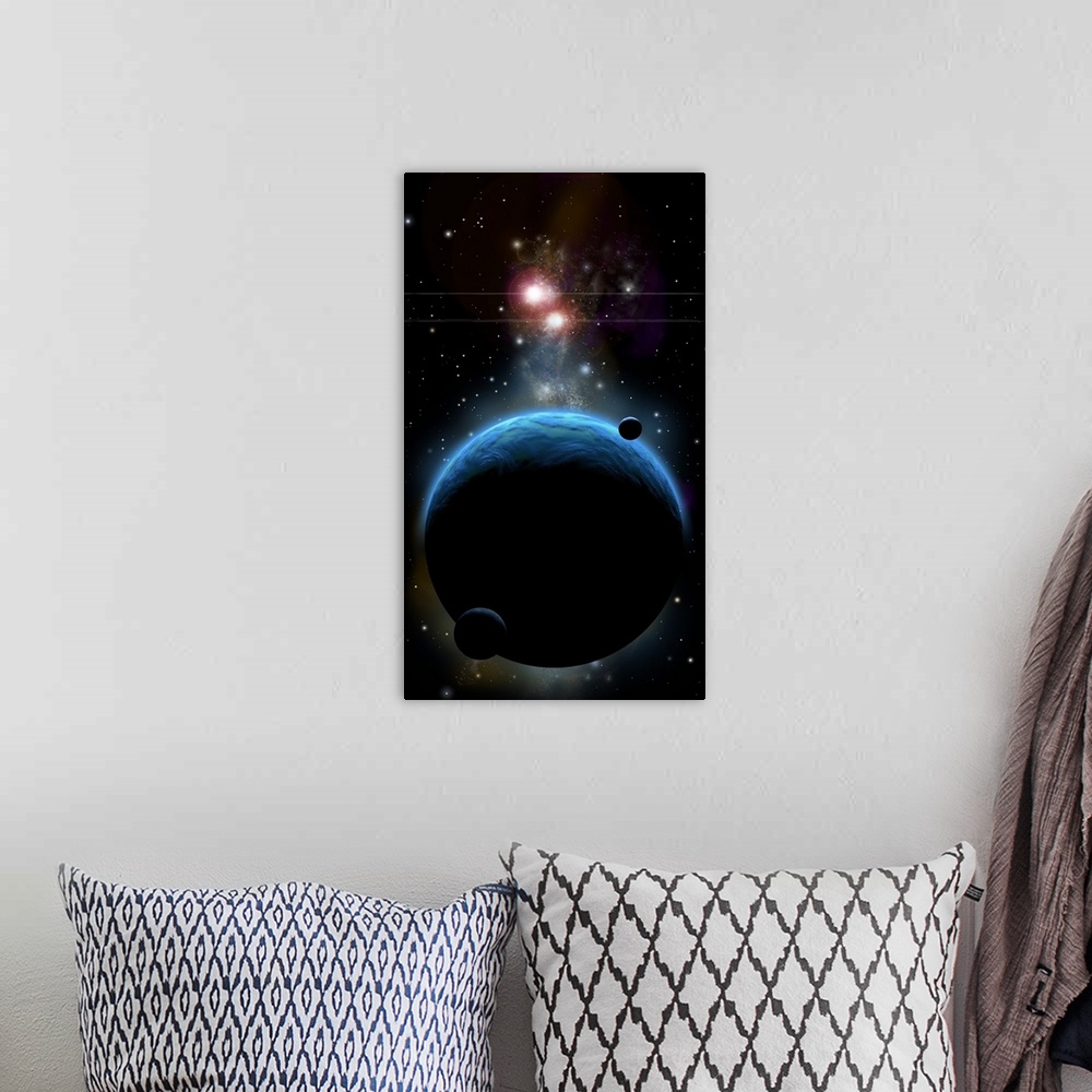 A bohemian room featuring Artist's depiction of a blue planet and it's orbiting small moons.