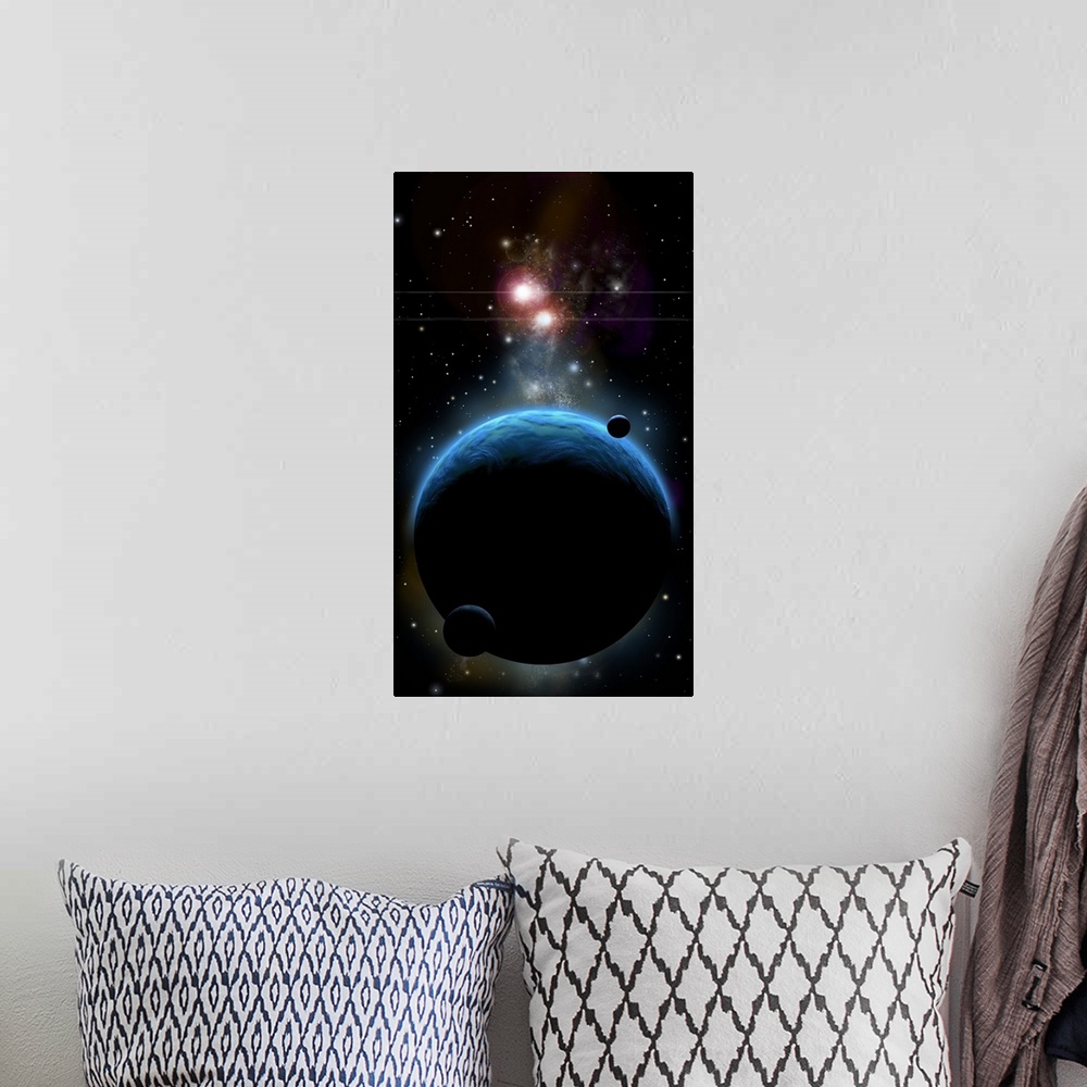 A bohemian room featuring Artist's depiction of a blue planet and it's orbiting small moons.