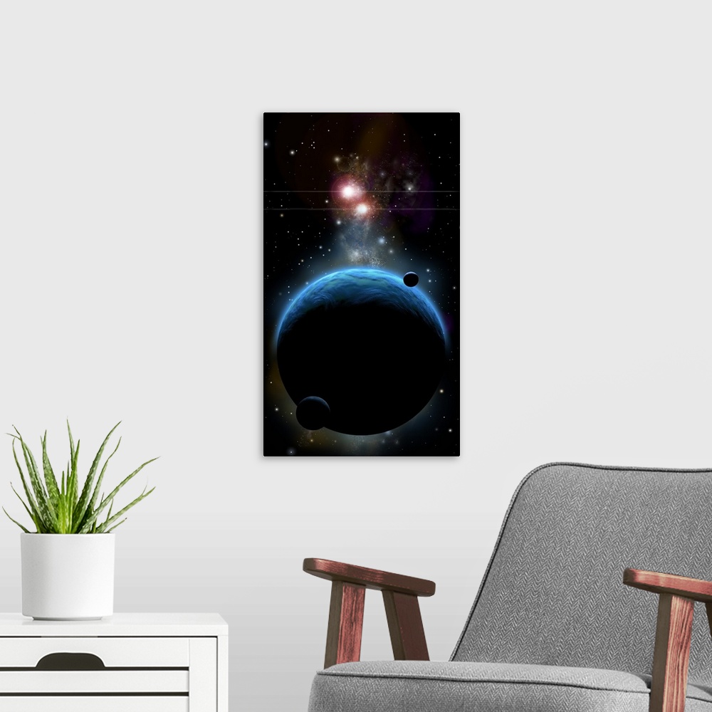 A modern room featuring Artist's depiction of a blue planet and it's orbiting small moons.