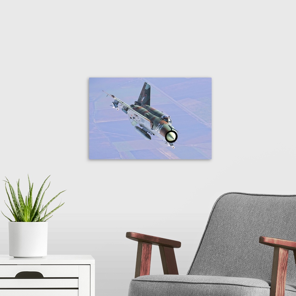 A modern room featuring A Bulgarian Air Force MiG-21bis armed with R-60 missiles.