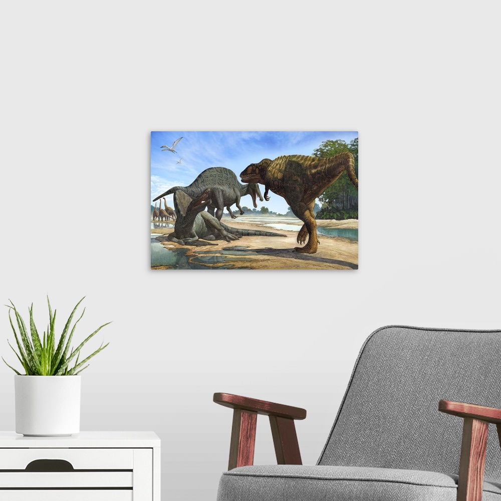 A modern room featuring A Carcharodontosaurus invades the territory of two Spinosaurus dinosaurs.