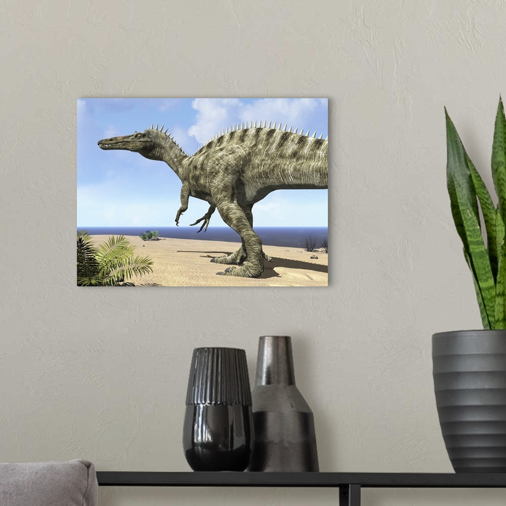 A modern room featuring 12 feet tall and weighing five tons, a carnivorous Suchomimus wanders a beach on the ancient Teth...