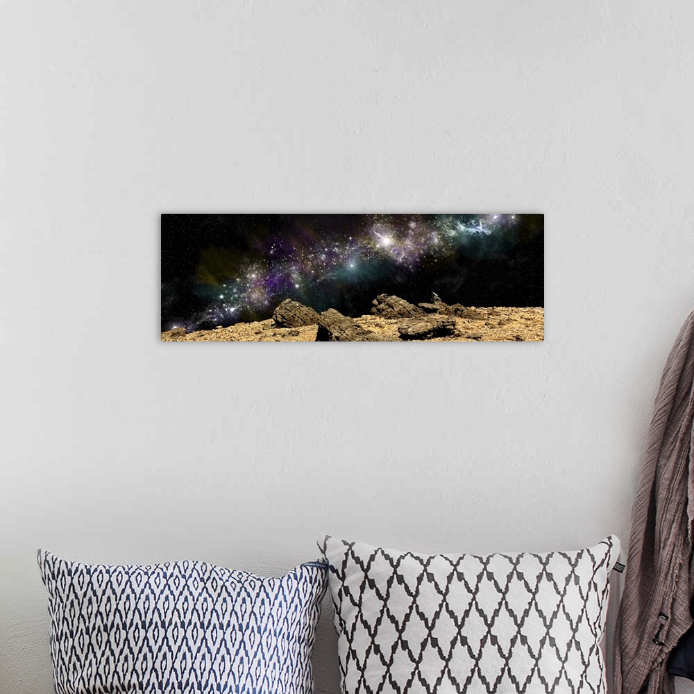 A bohemian room featuring A colorful nebula above a rocky and barren alien world.