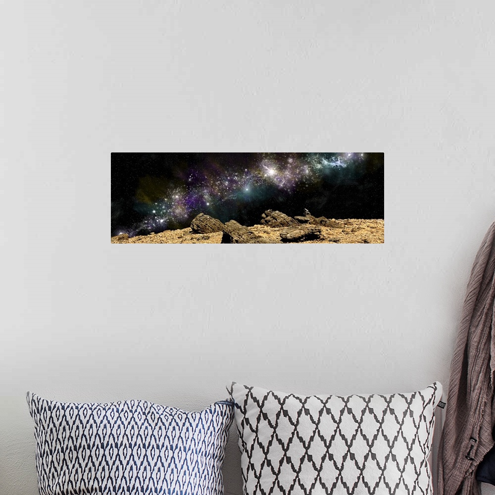 A bohemian room featuring A colorful nebula above a rocky and barren alien world.