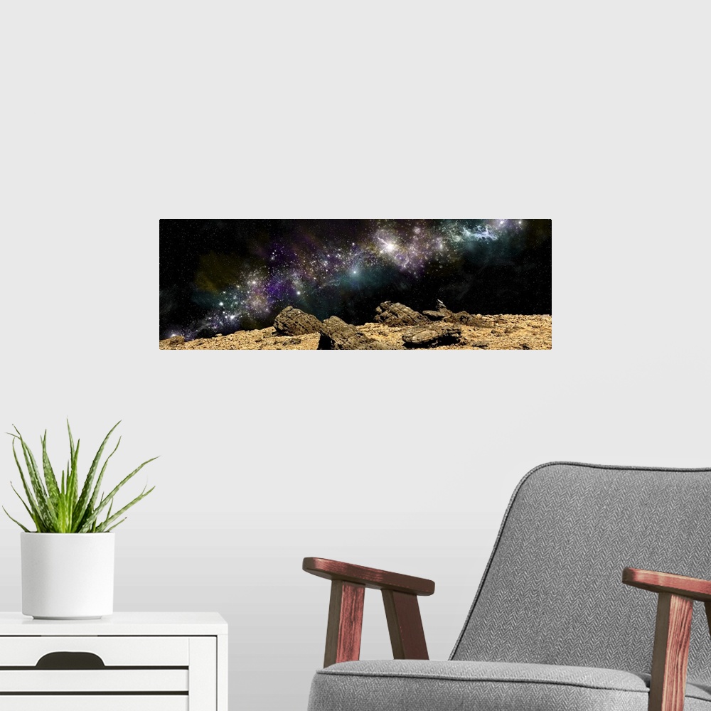 A modern room featuring A colorful nebula above a rocky and barren alien world.