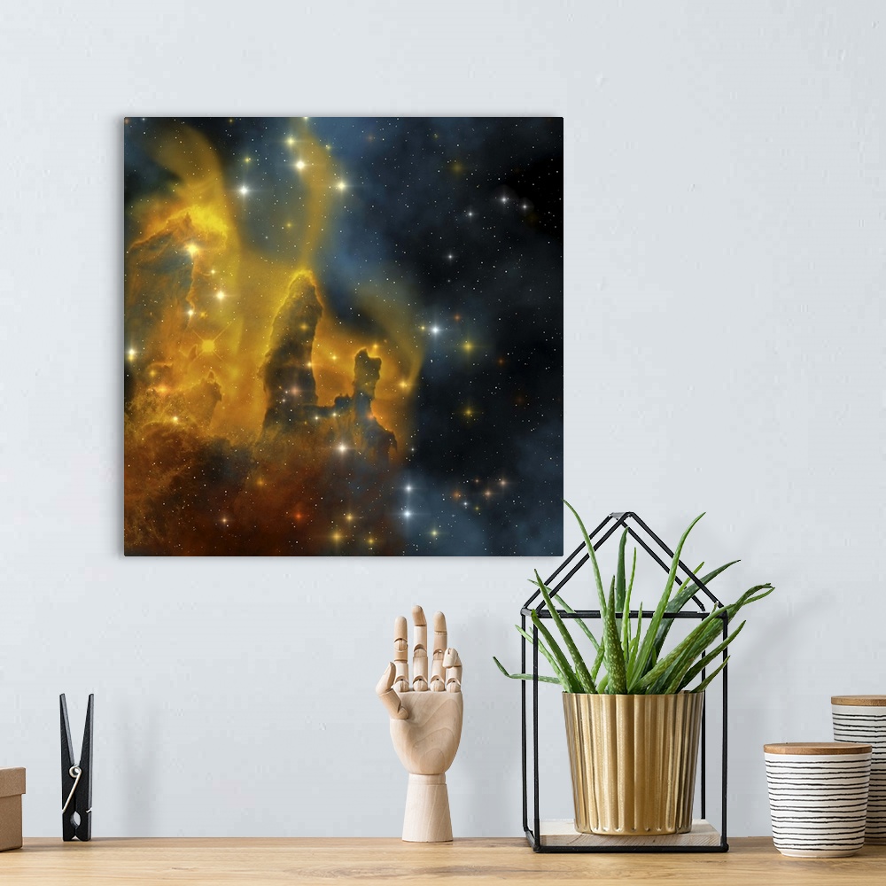 A bohemian room featuring A colorful nebula shines bright with stars being made in its clouds.