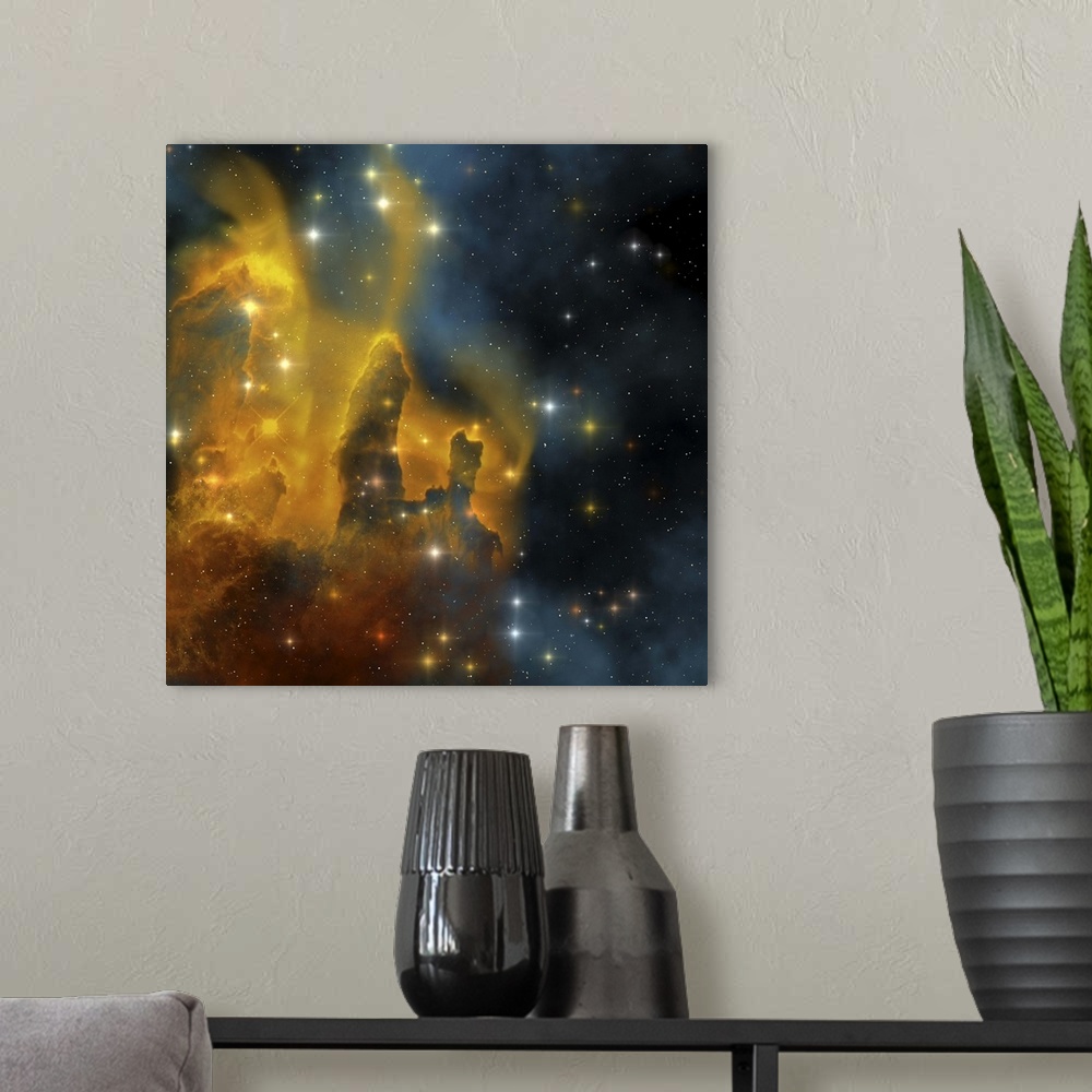 A modern room featuring A colorful nebula shines bright with stars being made in its clouds.