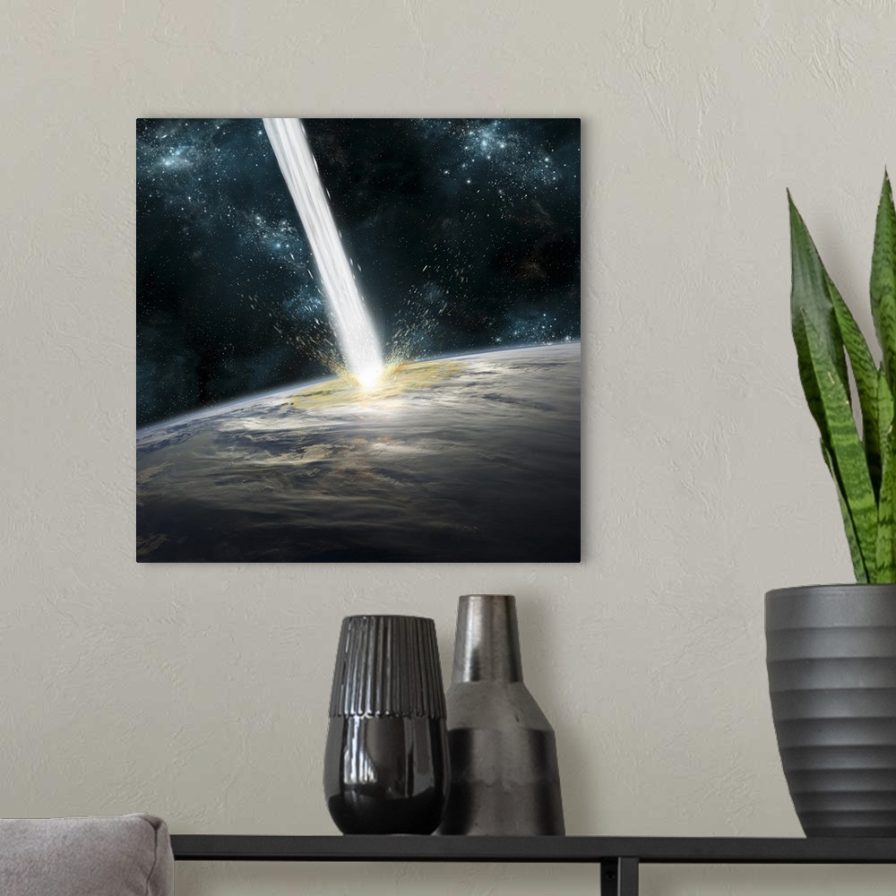 A modern room featuring A comet strikes Earth.
