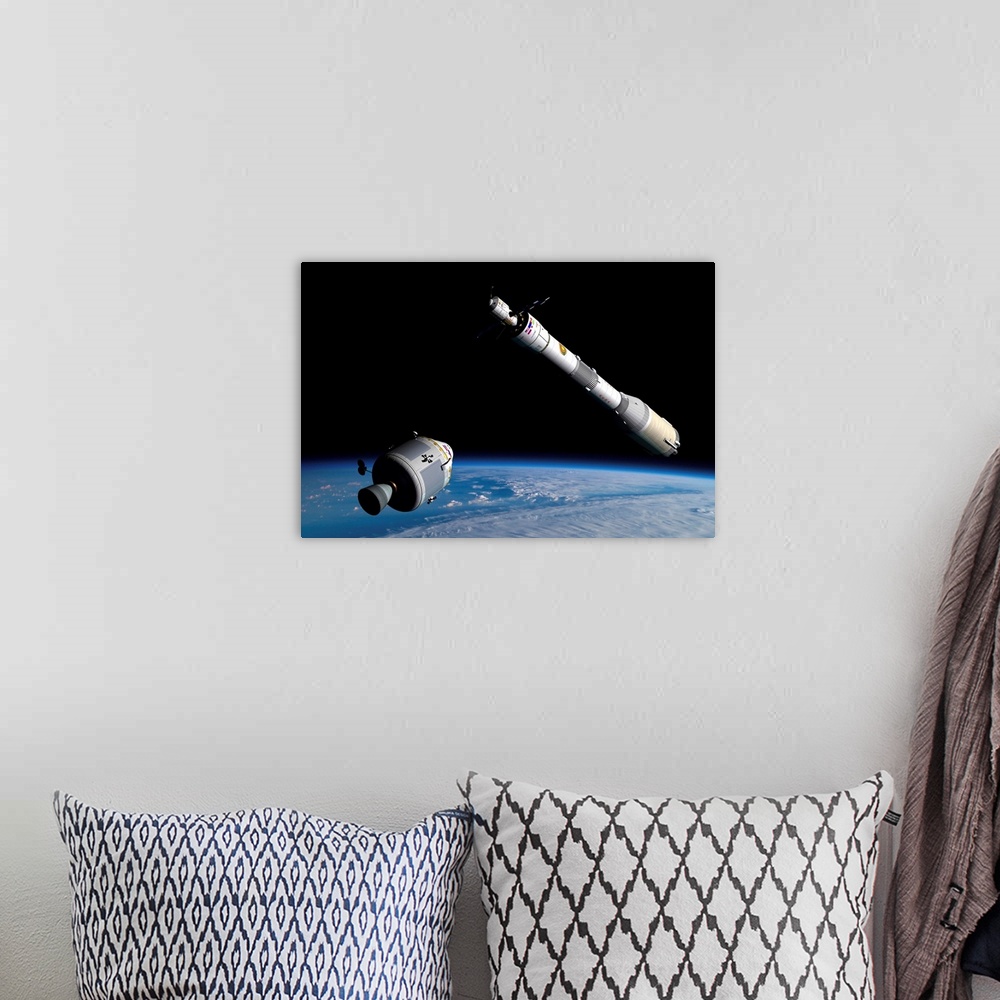 A bohemian room featuring A command module approaches an awaiting rocket in Earth orbit.